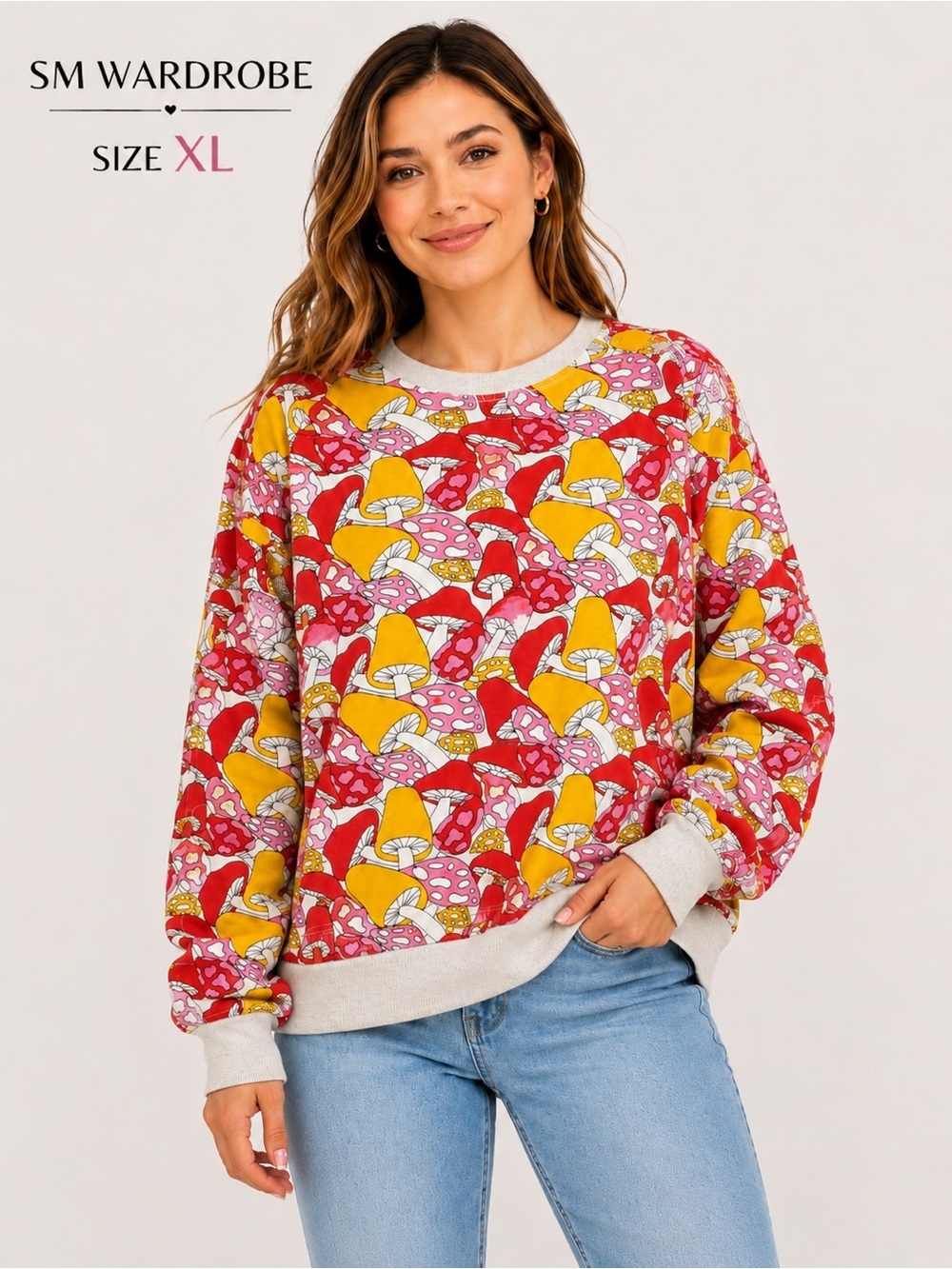 SM Wardrobe Mushroom Print Sweatshirt Women’s XL Colorful Cozy cotton Pullover